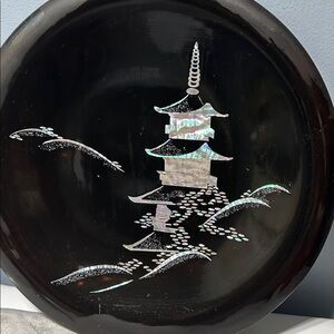 Vintage, RARE 1960s Metal Base Chinoiserie Asian Plate w/inlaid mother of pearl.